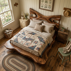 Handcrafted Solid Wood Live Edge Bed with Sculptural Open-Form Headboard