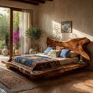 Solid Wood Sculptural Bed with Freeform Live Edge Headboard and Platform Base
