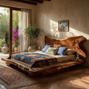 Solid Wood Sculptural Bed with Freeform Live Edge Headboard and Platform Base