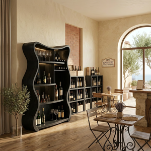 Handcrafted Solid Wood Wine Cabinet with Curved Open Shelves