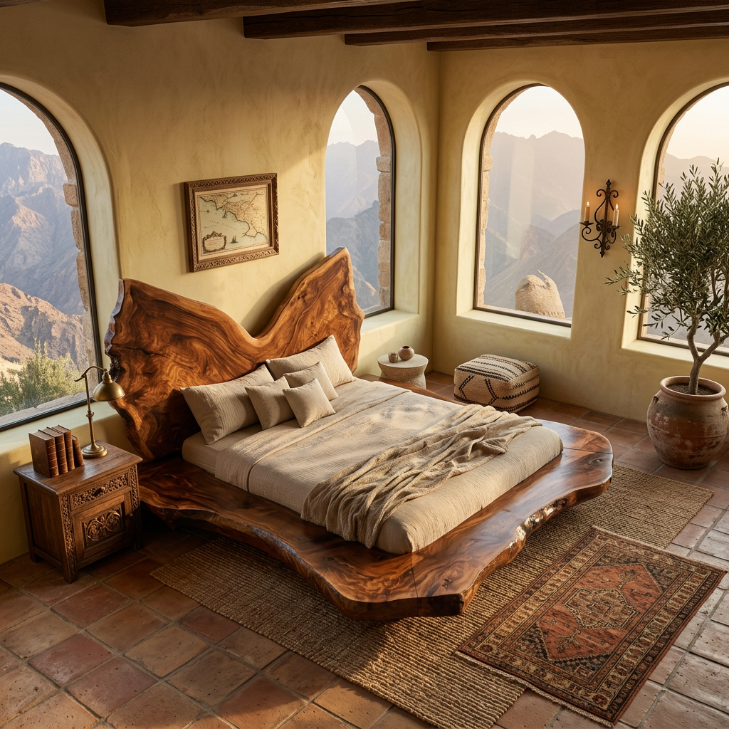 Sculptural Solid Wood Platform Bed with Natural Edge Headboard Form