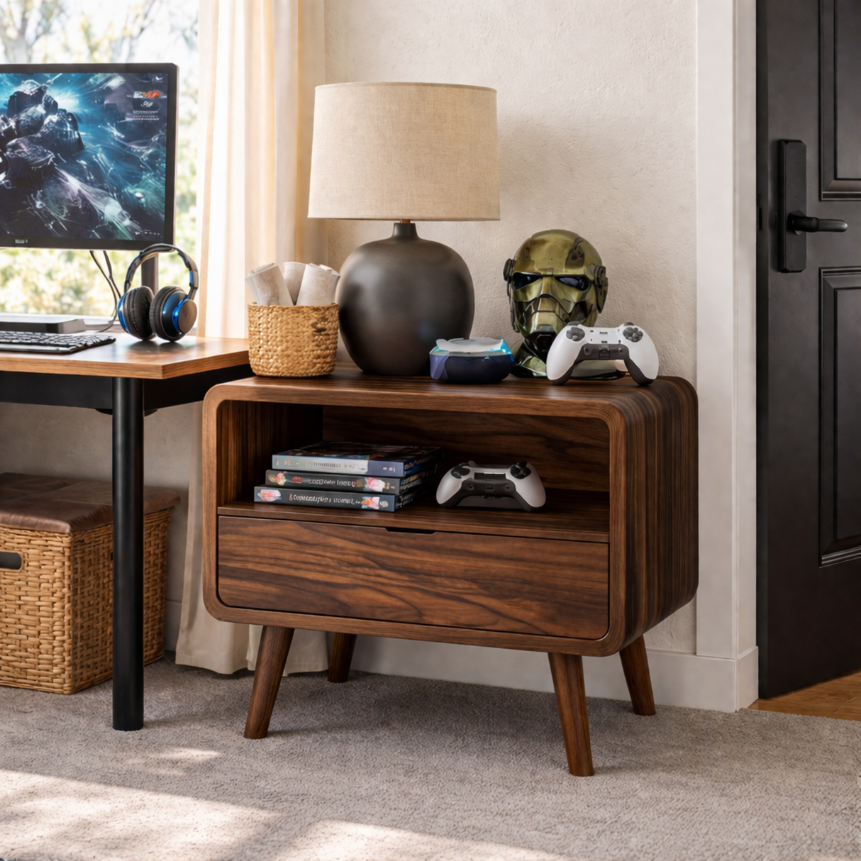 Solid Wood Bedside Table with Open Storage Niche and Lower Drawer for Bedroom