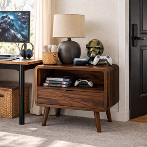 Solid Wood Bedside Table with Open Storage Niche and Lower Drawer for Bedroom