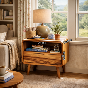 Solid Wood Bedside Table with Open Storage Niche and Lower Drawer for Bedroom