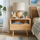 Solid Wood Bedside Table with Open Storage Niche and Lower Drawer for Bedroom