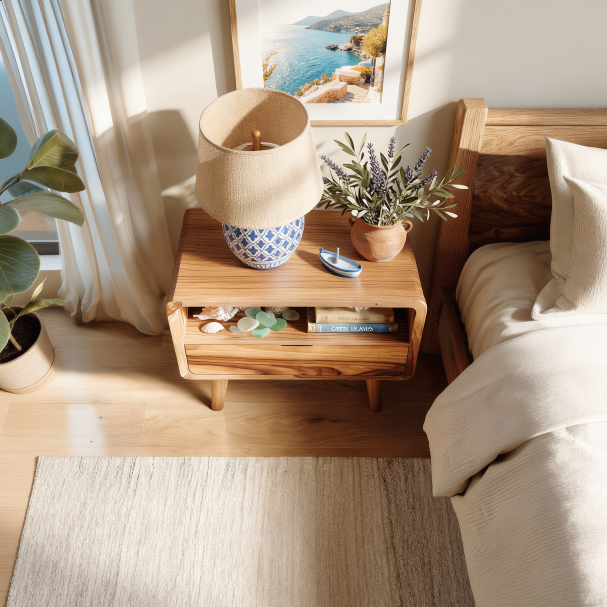 Solid Wood Bedside Table with Open Storage Niche and Lower Drawer for Bedroom