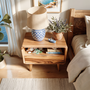 Solid Wood Bedside Table with Open Storage Niche and Lower Drawer for Bedroom