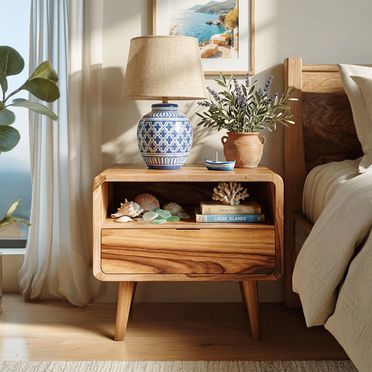Solid Wood Bedside Table with Open Storage Niche and Lower Drawer for Bedroom