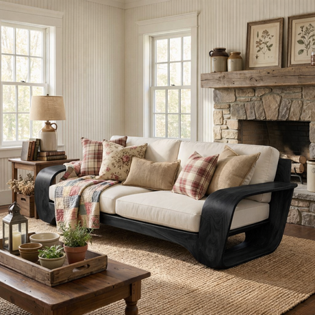 Solid Wood Sofa with Curved Loop Arms for Living Room and Lounge Space