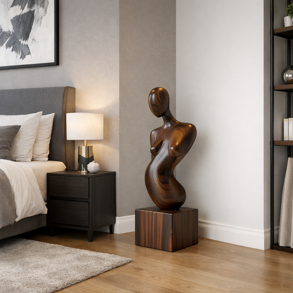 Solid Wood Abstract Female Form Sculpture with Plinth for Modern Interiors