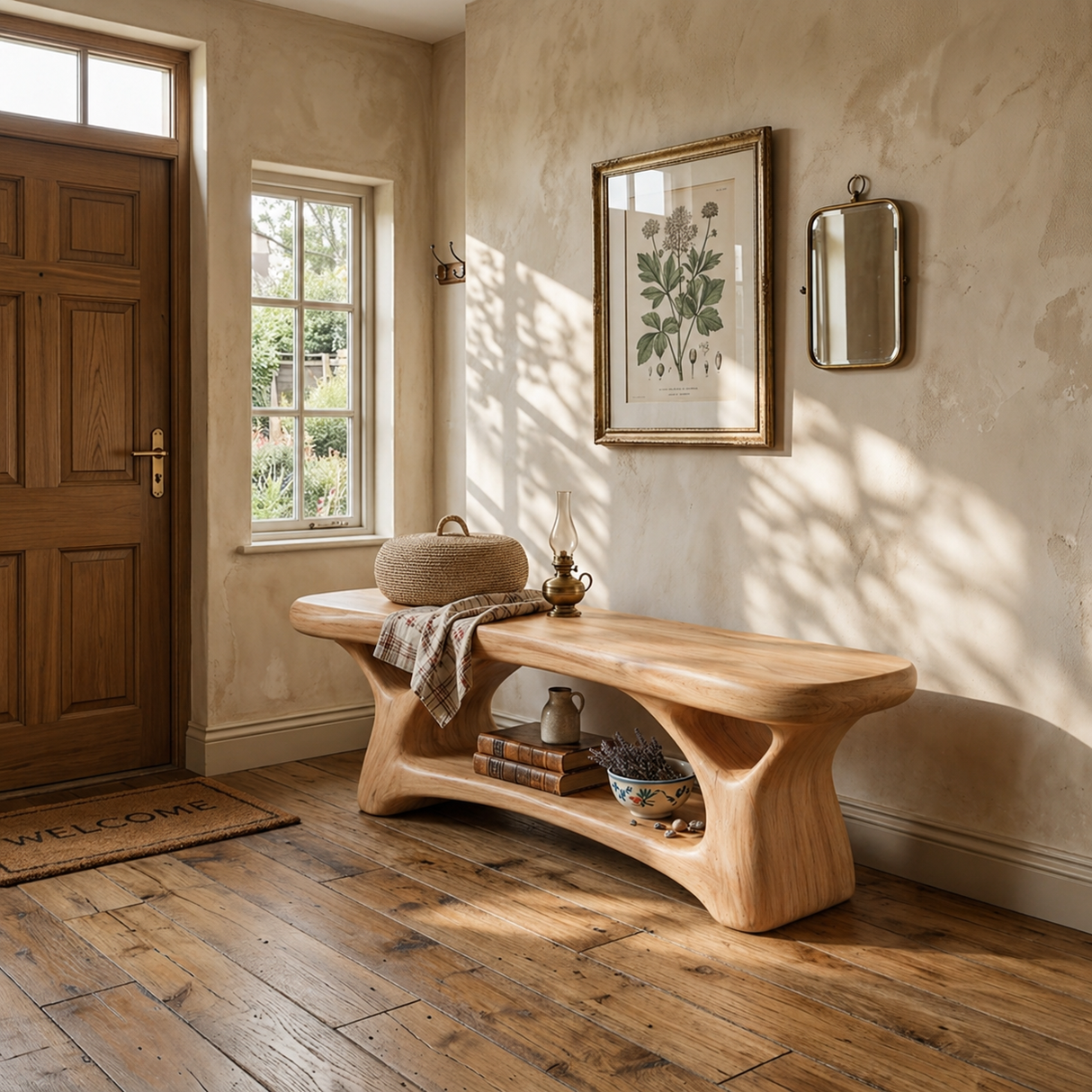 Organic Solid Wood Sculptural Bench with Open Base for Entryway and Living Space