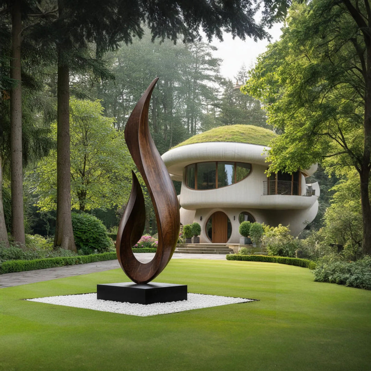 Tall Flame Form Solid Wood Garden Sculpture for Modern Outdoor Landscape