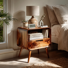 Handmade Solid Wood Bedside Table with Rounded Frame Drawer and Open Storage Shelf