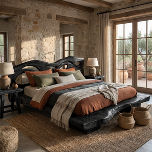 Solid Wood Sculptural Bed Frame with Organic Cutout Headboard Design