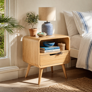Handmade Solid Wood Bedside Table with Rounded Frame Drawer and Open Storage Shelf