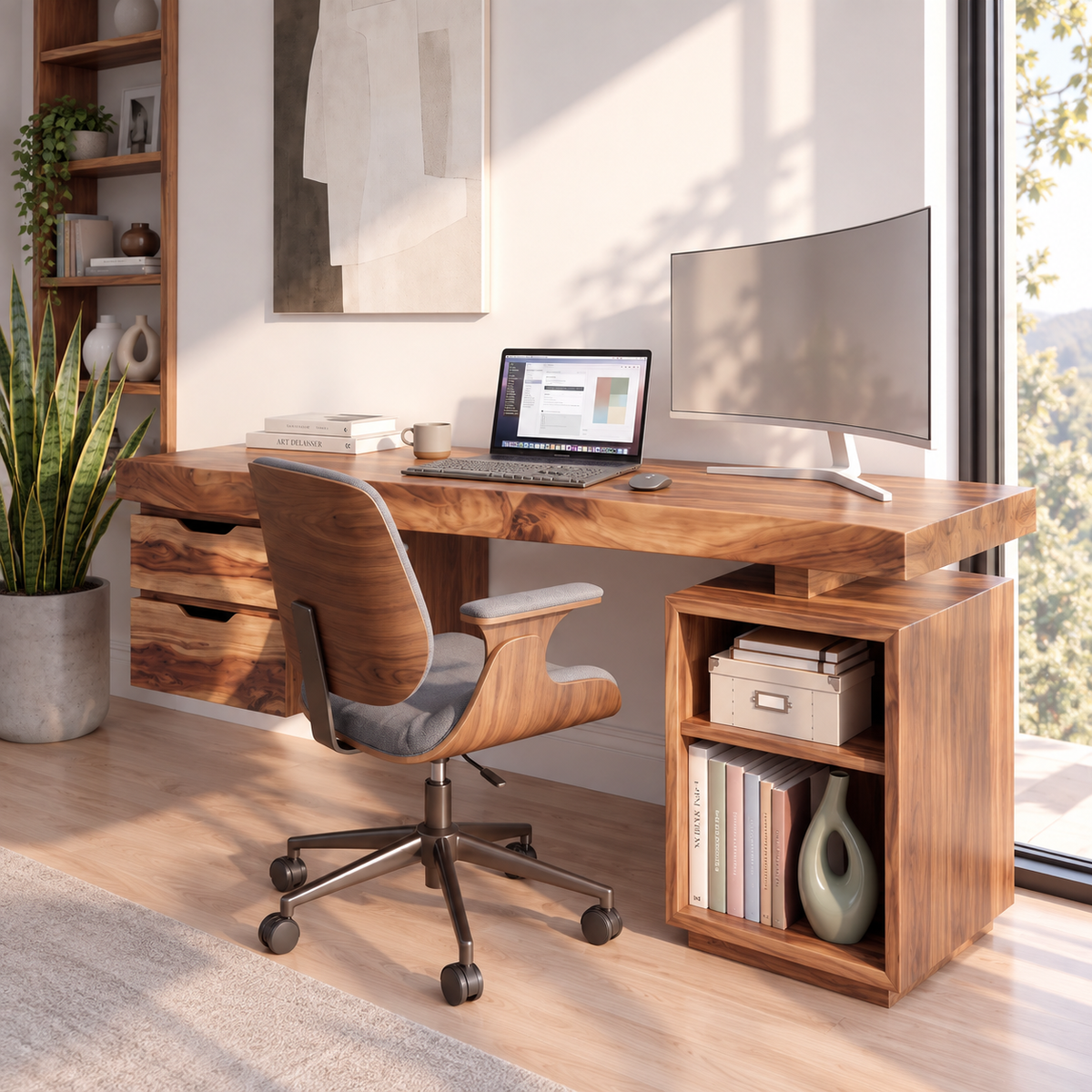 Contemporary Solid Wood Desk With 2 Drawers And Open Shelf For Home Office