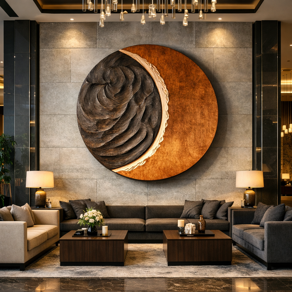Contemporary Solid Wood Round Wall Sculpture for Living Room