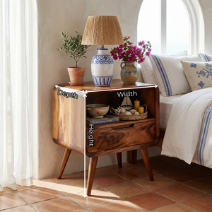 Handmade Solid Wood Bedside Table with Rounded Frame Drawer and Open Storage Shelf