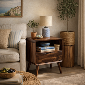 Handmade Solid Wood Bedside Table with Rounded Frame Drawer and Open Storage Shelf