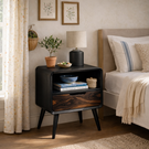 Handmade Solid Wood Bedside Table with Rounded Frame Drawer and Open Storage Shelf