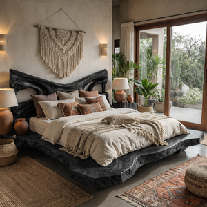 Handcrafted Solid Wood Live Edge Bed with Sculptural Open-Form Headboard