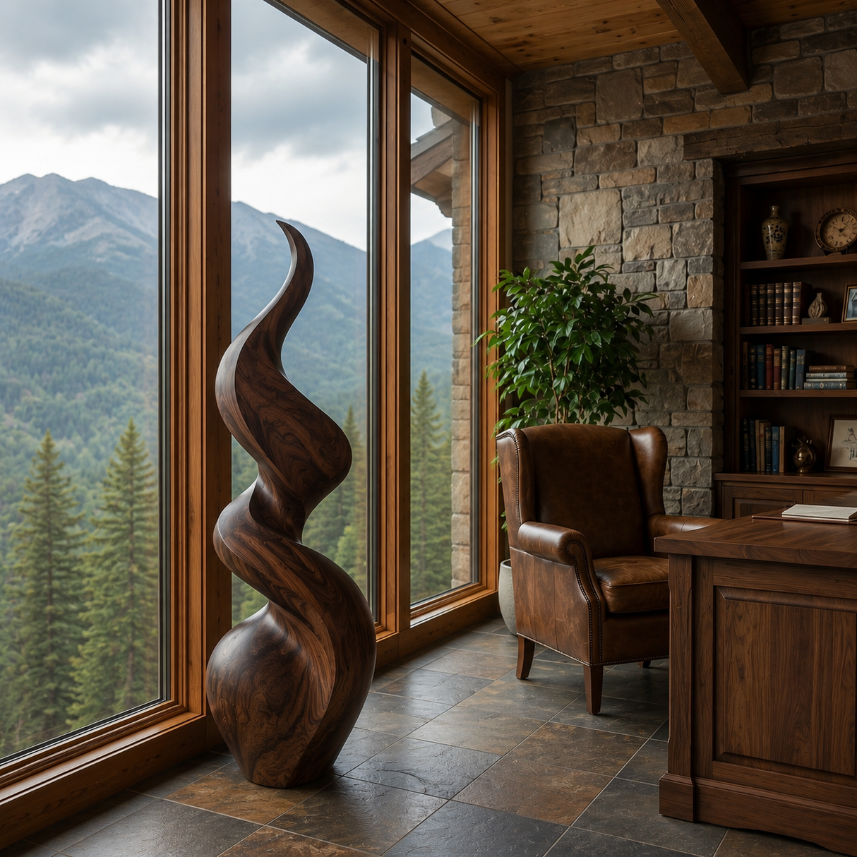 Handcrafted Solid Wood Floor Sculpture with Twisting Flame Form