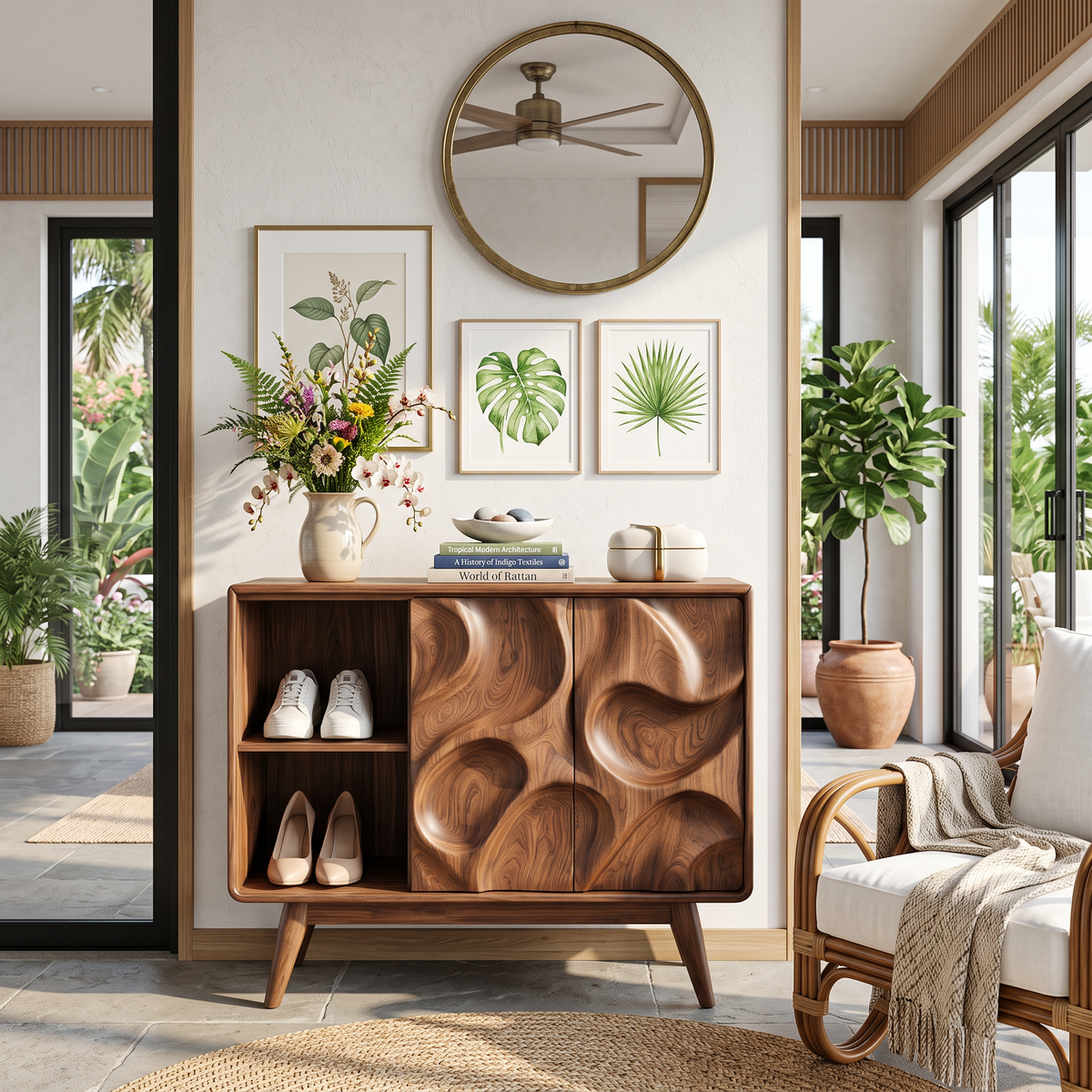 Handcrafted Solid Wood Shoe Cabinet with Sculptural Carved Doors and Open Side Shelves