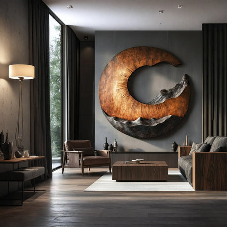 Abstract Circular Solid Wood Wall Sculpture with Carved Texture for Modern Interiors
