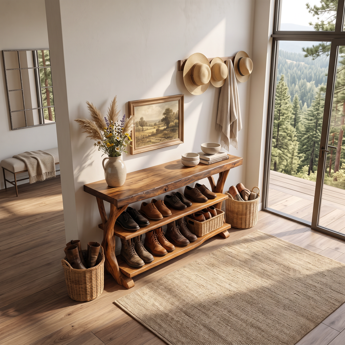 Handcrafted Solid Wood Shoe Rack Console with Open Shelves and Sculptural Branch Legs
