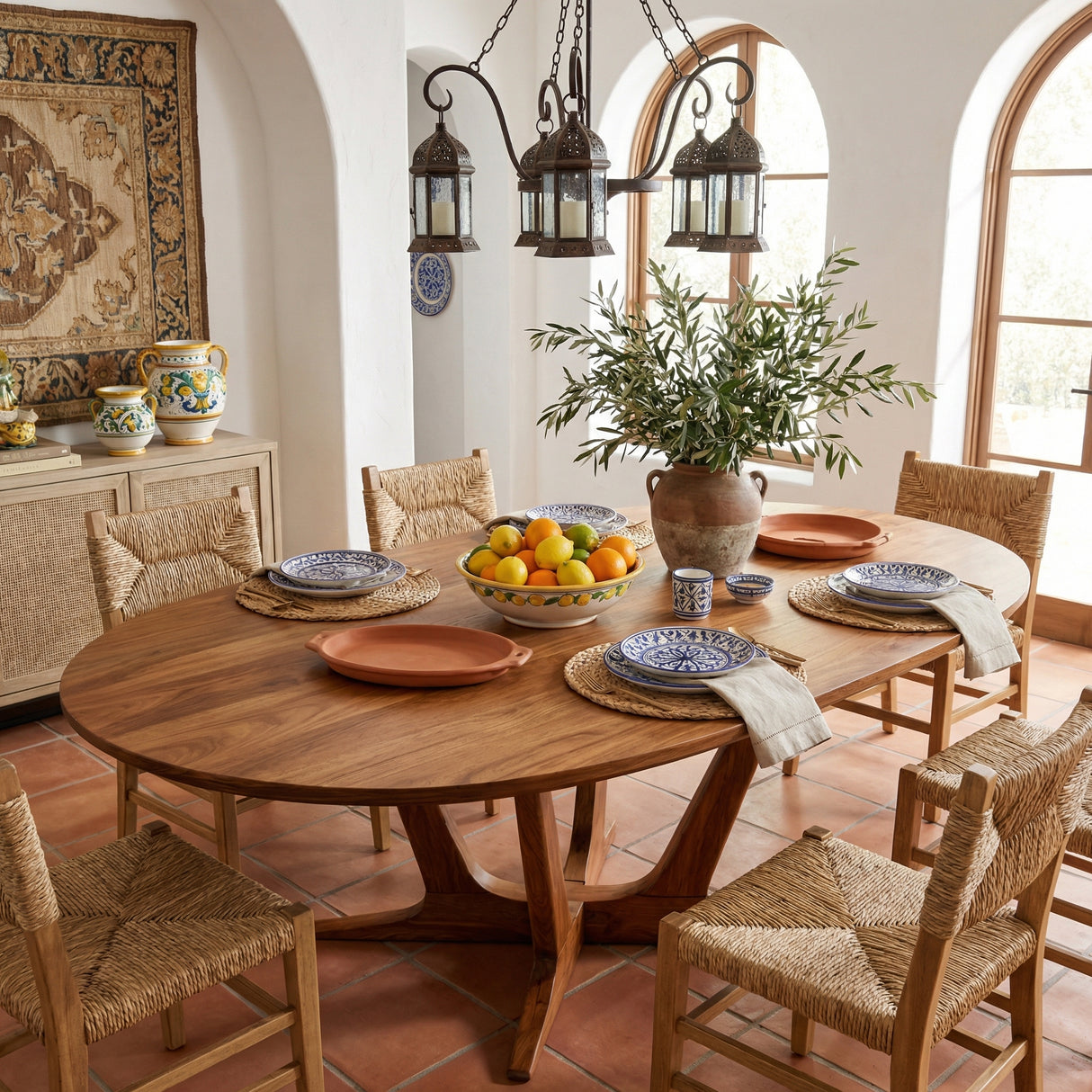 Oval Solid Wood Dining Table with Sculptural Cross Base for Dining Room