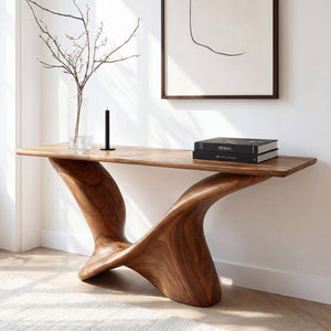 Modern Solid Wood Console Table with Sculpted Curved Base