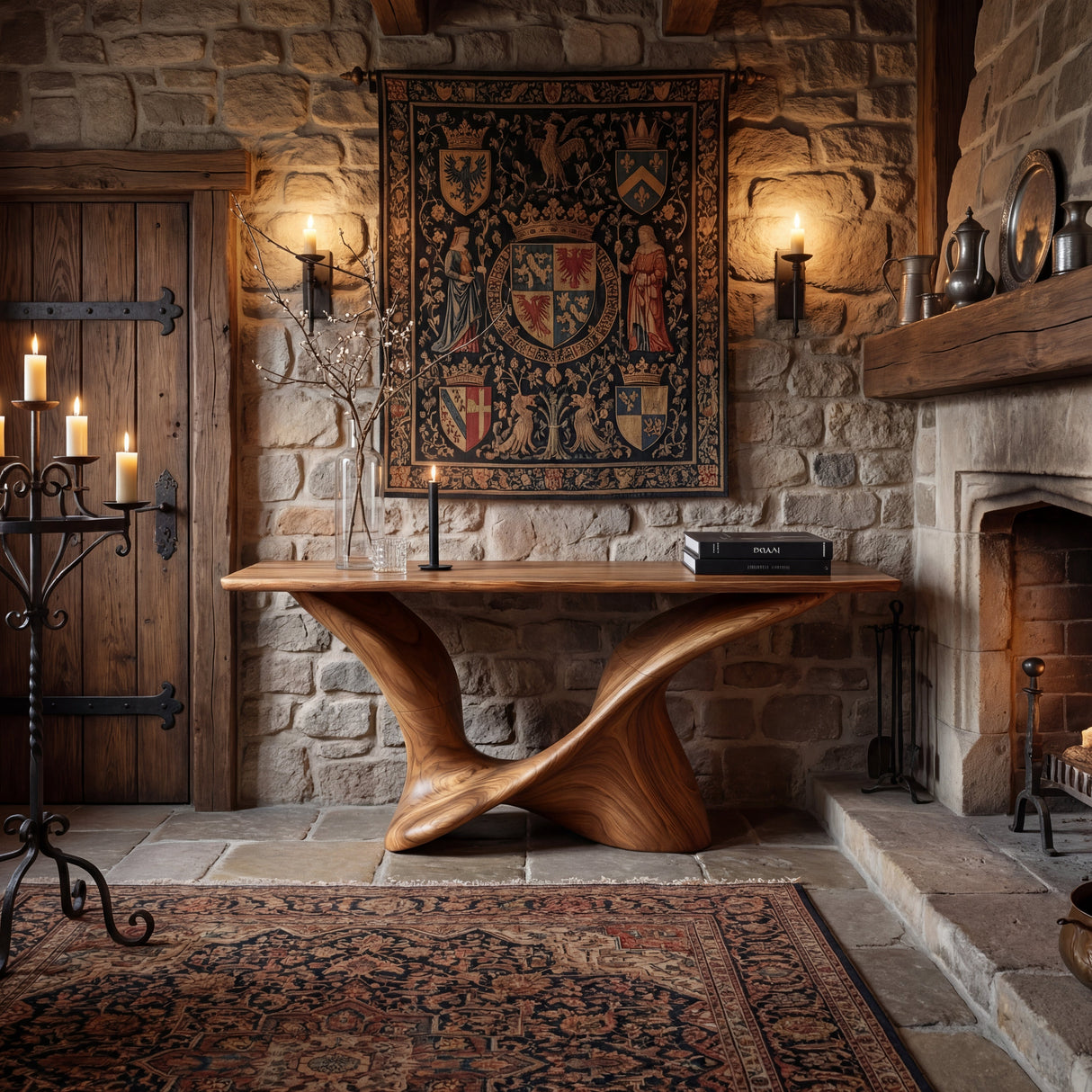 Modern Solid Wood Console Table with Sculpted Curved Base