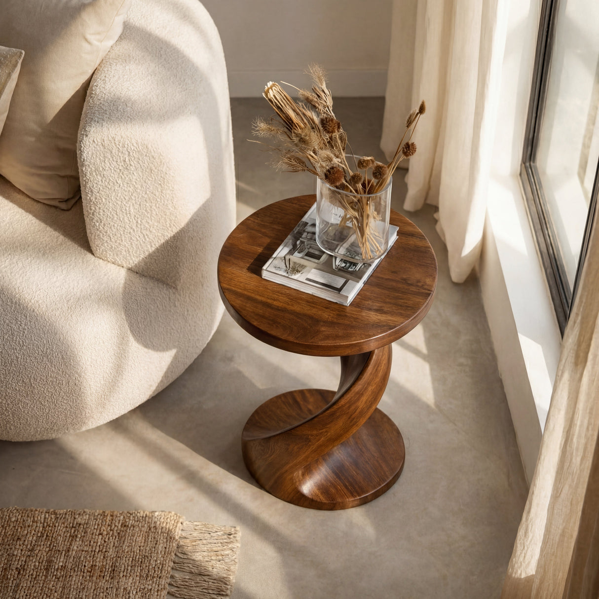 Modern Solid Wood Side Table with Twisted Pedestal Base for Living Room Seating