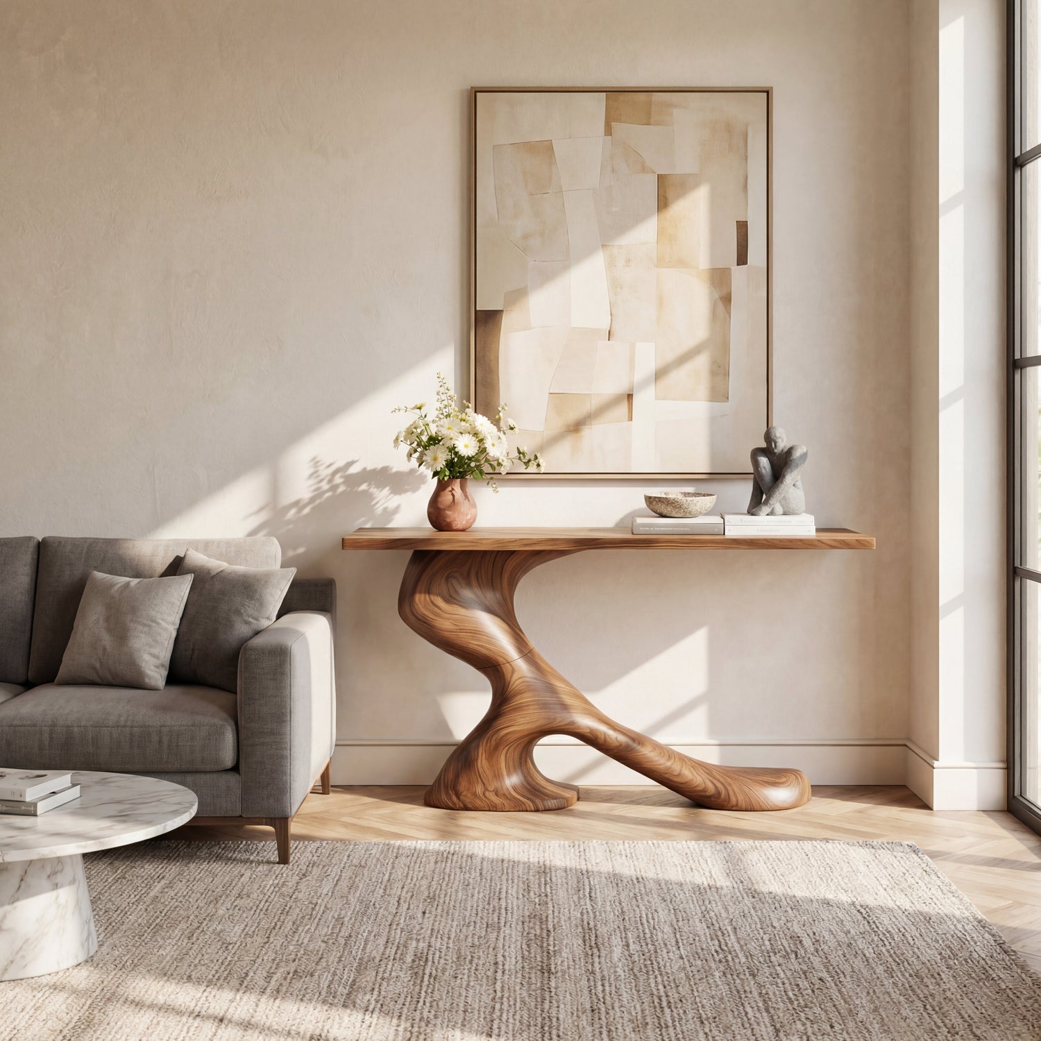 Asymmetrical Sculptural Solid Wood Console Table with Organic Curved Base