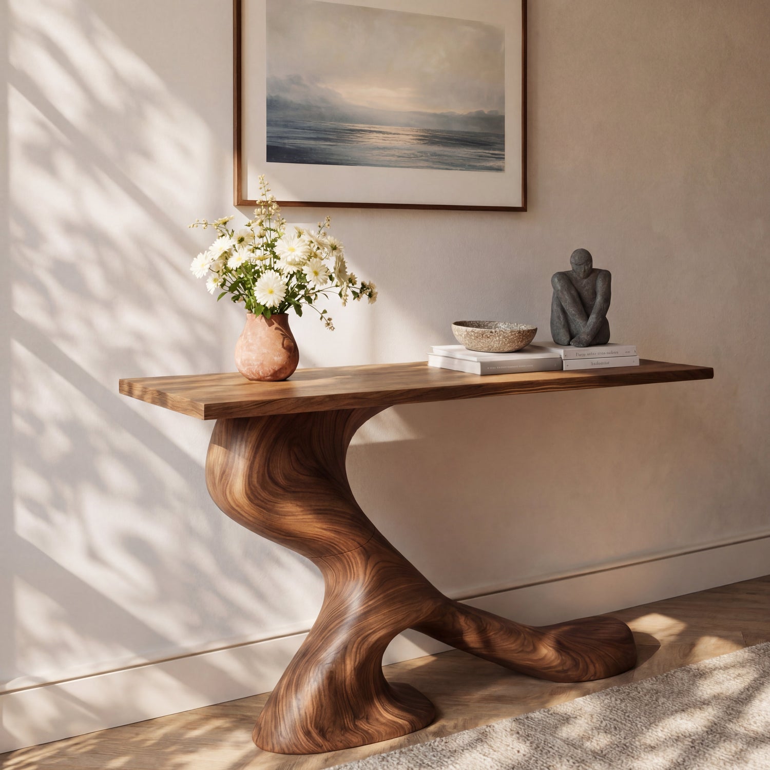 Asymmetrical Sculptural Solid Wood Console Table with Organic Curved Base