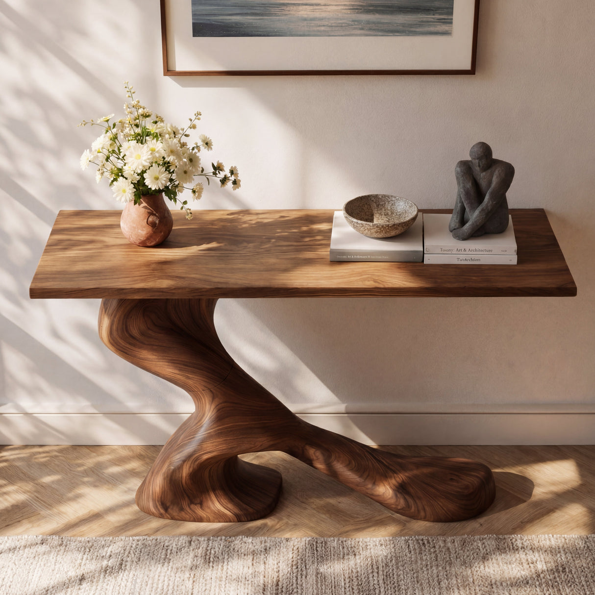 Asymmetrical Sculptural Solid Wood Console Table with Organic Curved Base