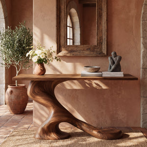 Asymmetrical Sculptural Solid Wood Console Table with Organic Curved Base