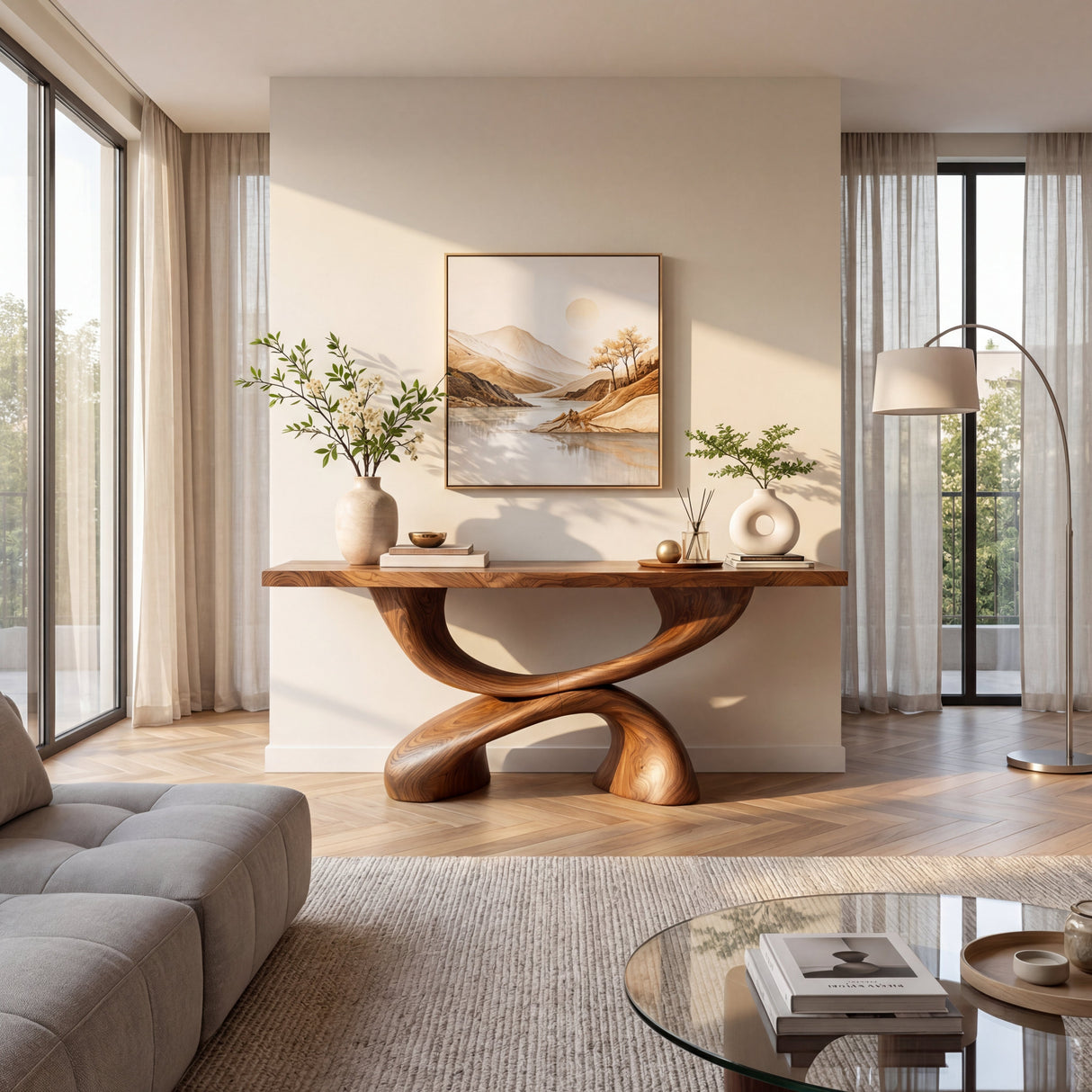 Double Curve Sculptural Solid Wood Console Table with Intertwined Organic Base