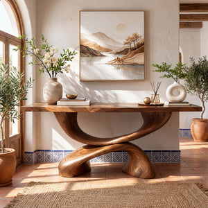 Double Curve Sculptural Solid Wood Console Table with Intertwined Organic Base