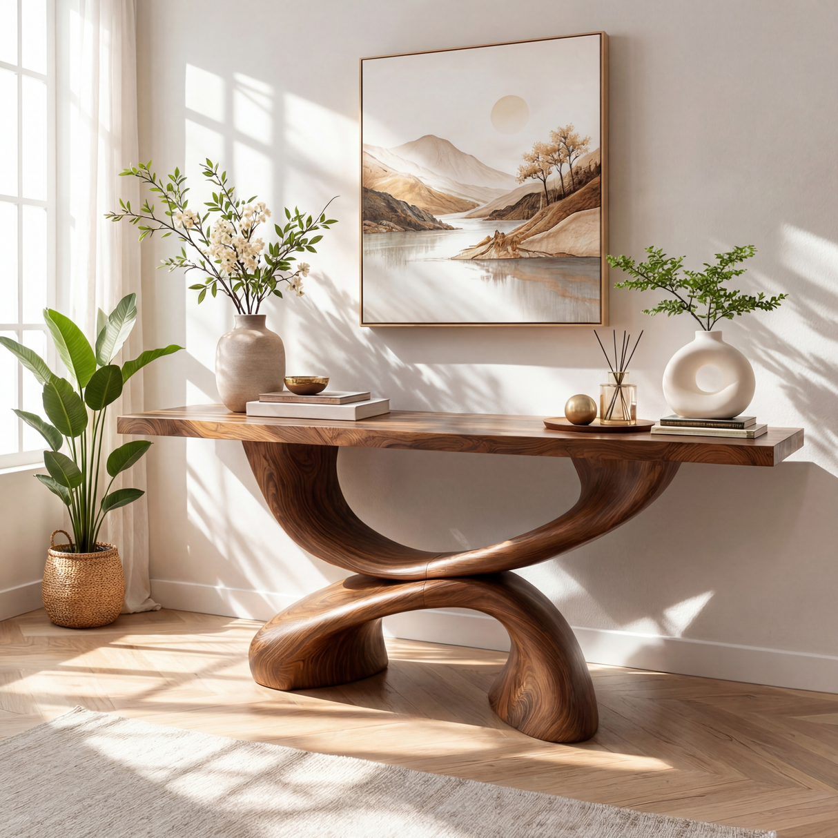Double Curve Sculptural Solid Wood Console Table with Intertwined Organic Base