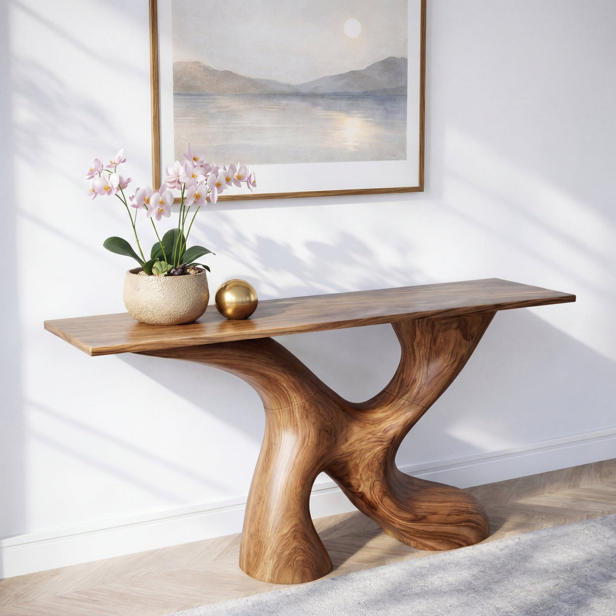 Cross Flow Sculptural Solid Wood Console Table with Open Cut Organic Base