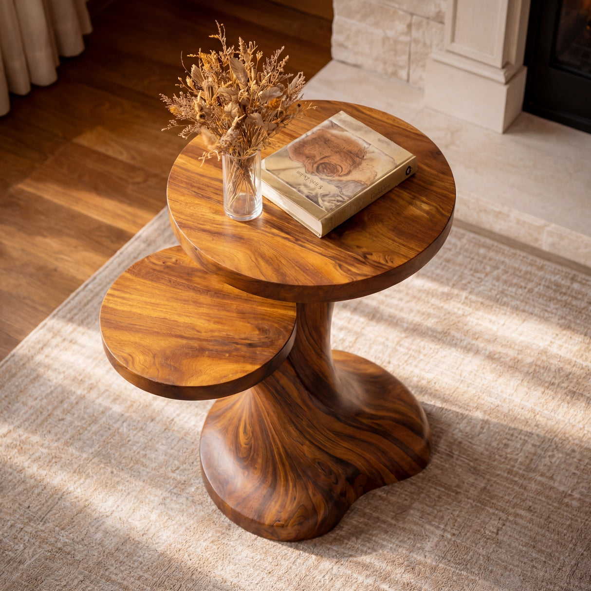 Solid Wood Two Tier Side Table Modern Sculpted Accent Piece