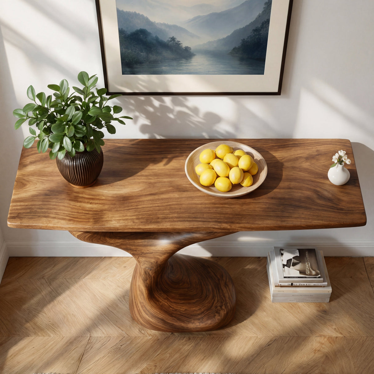 Twist Loop Sculptural Solid Wood Console Table with Hollow Organic Base