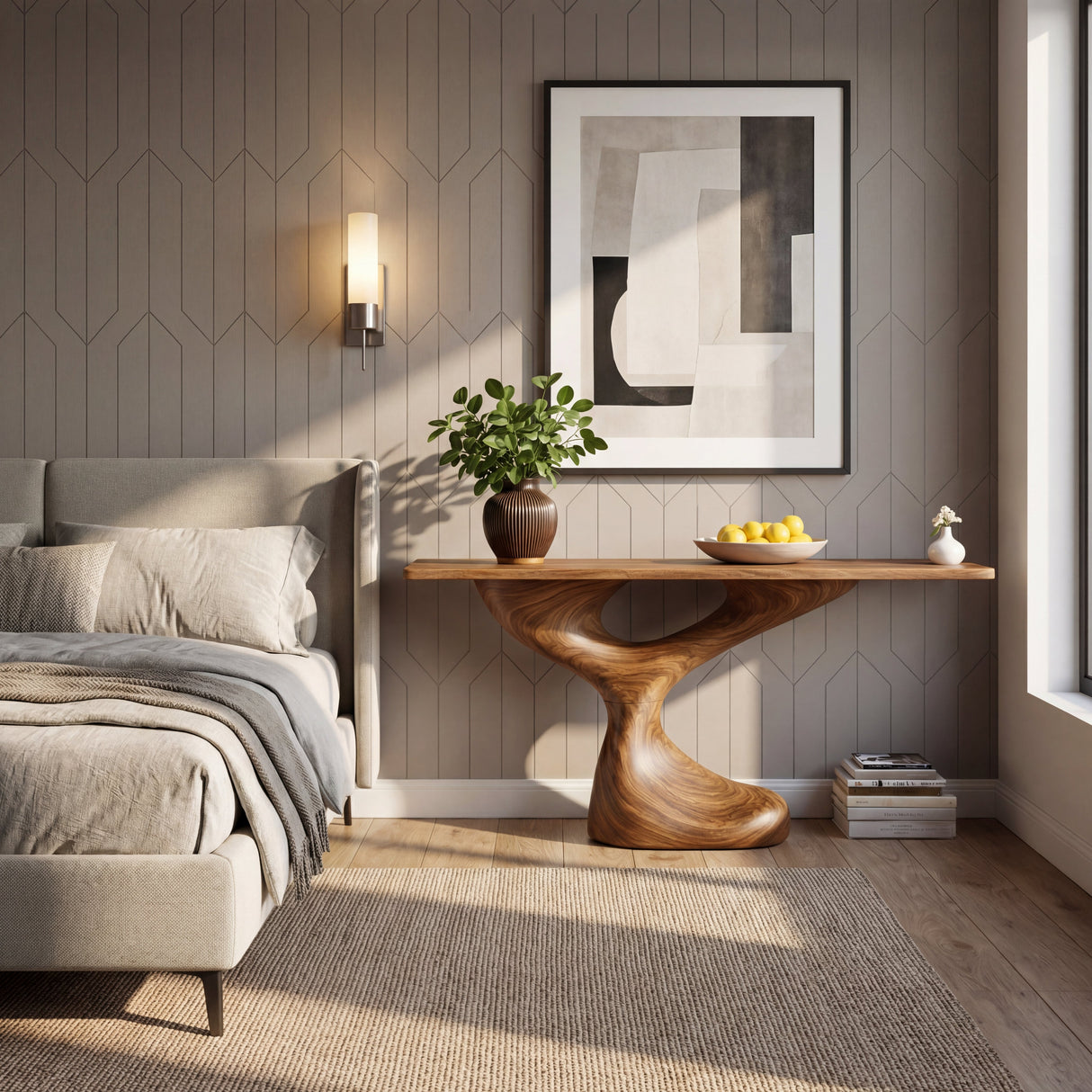 Twist Loop Sculptural Solid Wood Console Table with Hollow Organic Base