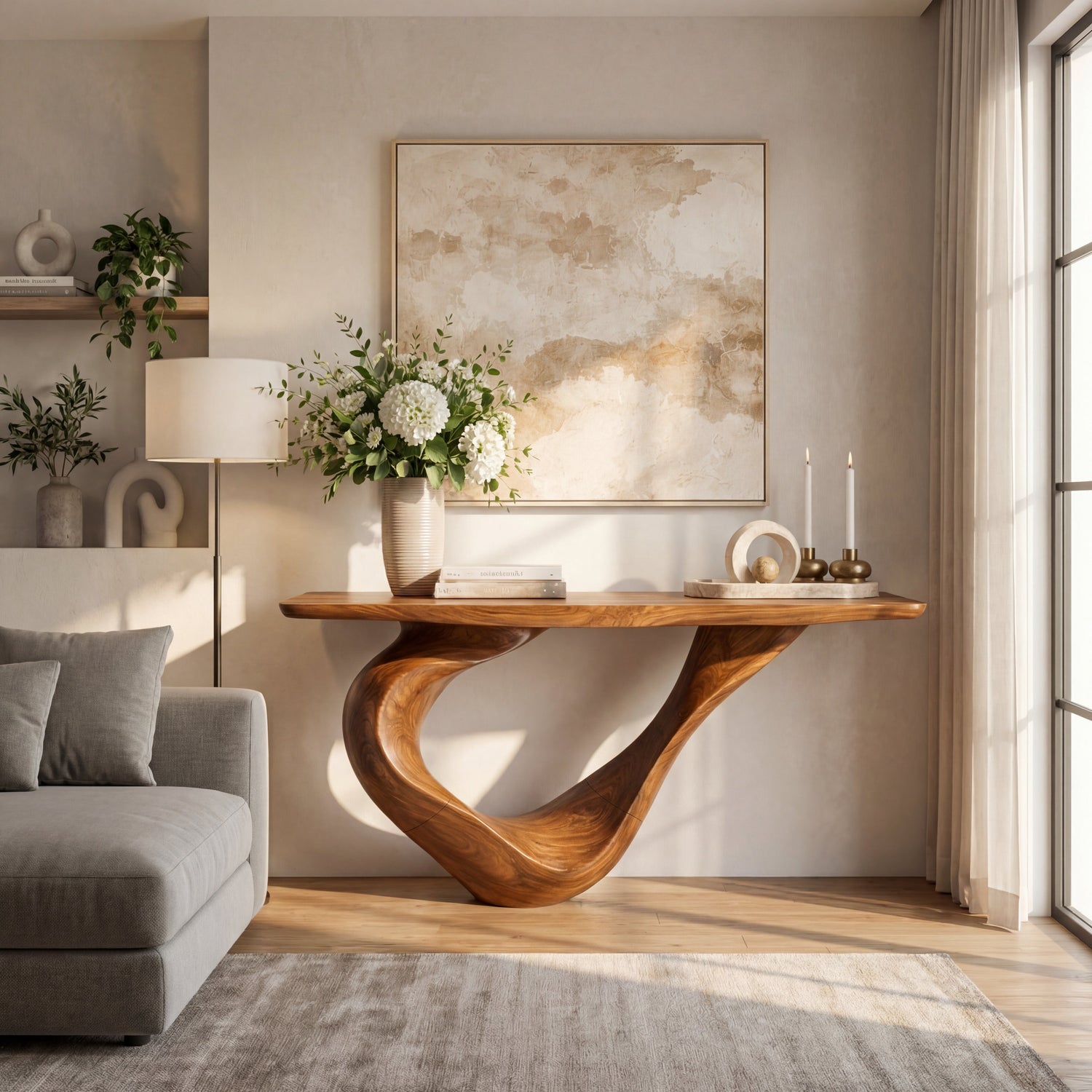 Sculptural Solid Wood Console Table with Ribbon Curve Base