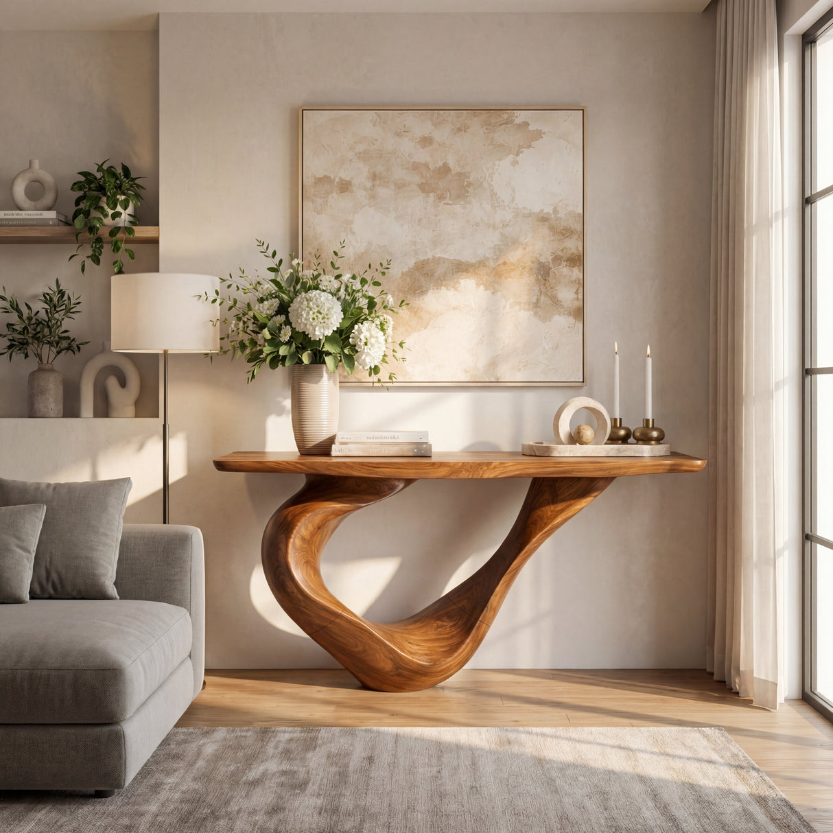 Sculptural Solid Wood Console Table with Ribbon Curve Base