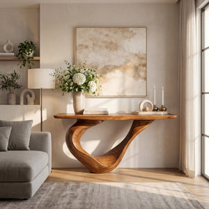 Sculptural Solid Wood Console Table with Ribbon Curve Base