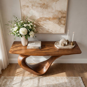 Sculptural Solid Wood Console Table with Ribbon Curve Base