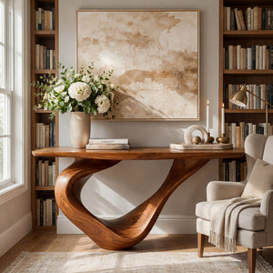 Sculptural Solid Wood Console Table with Ribbon Curve Base