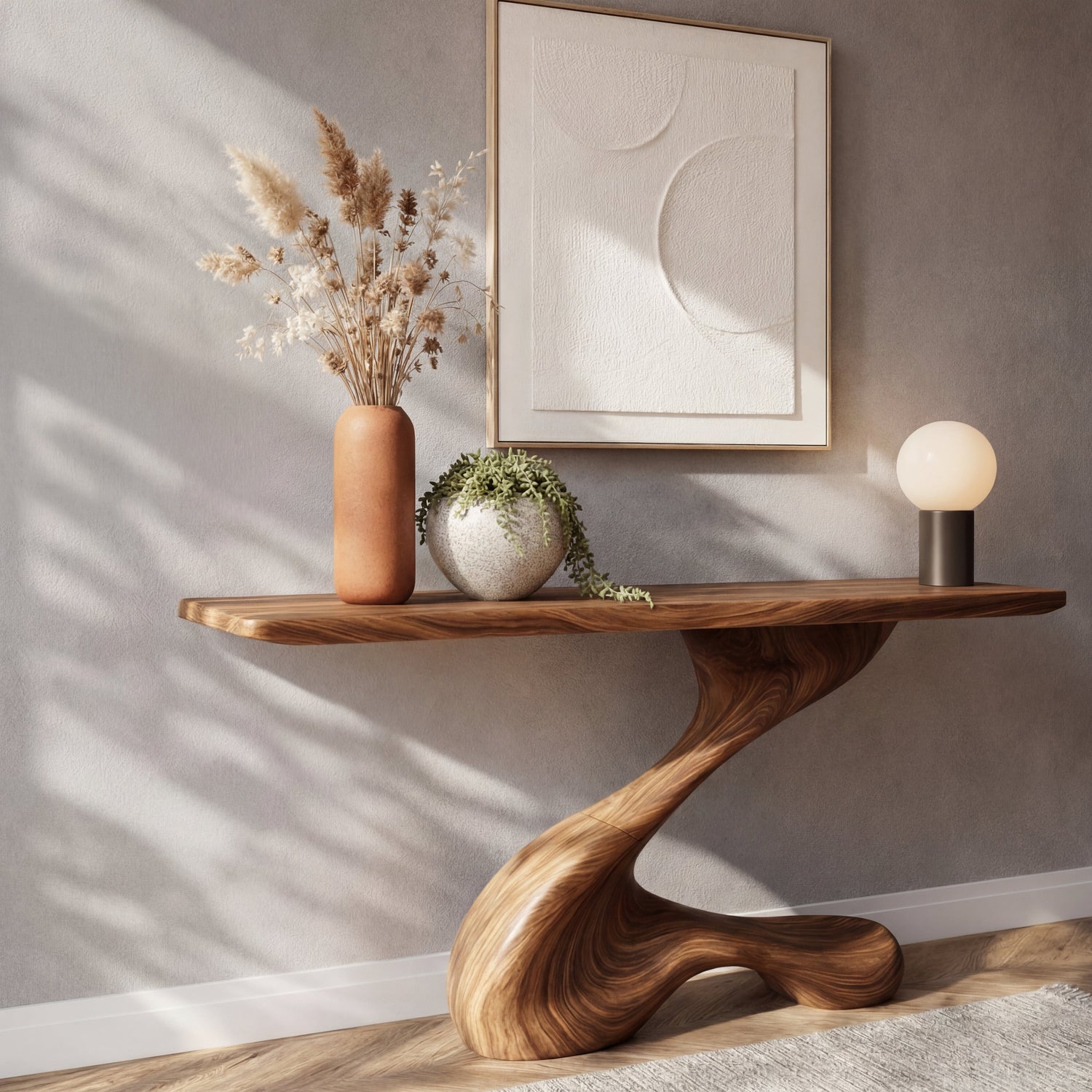 Single Sweep Sculptural Solid Wood Console Table with S Curve Organic Base